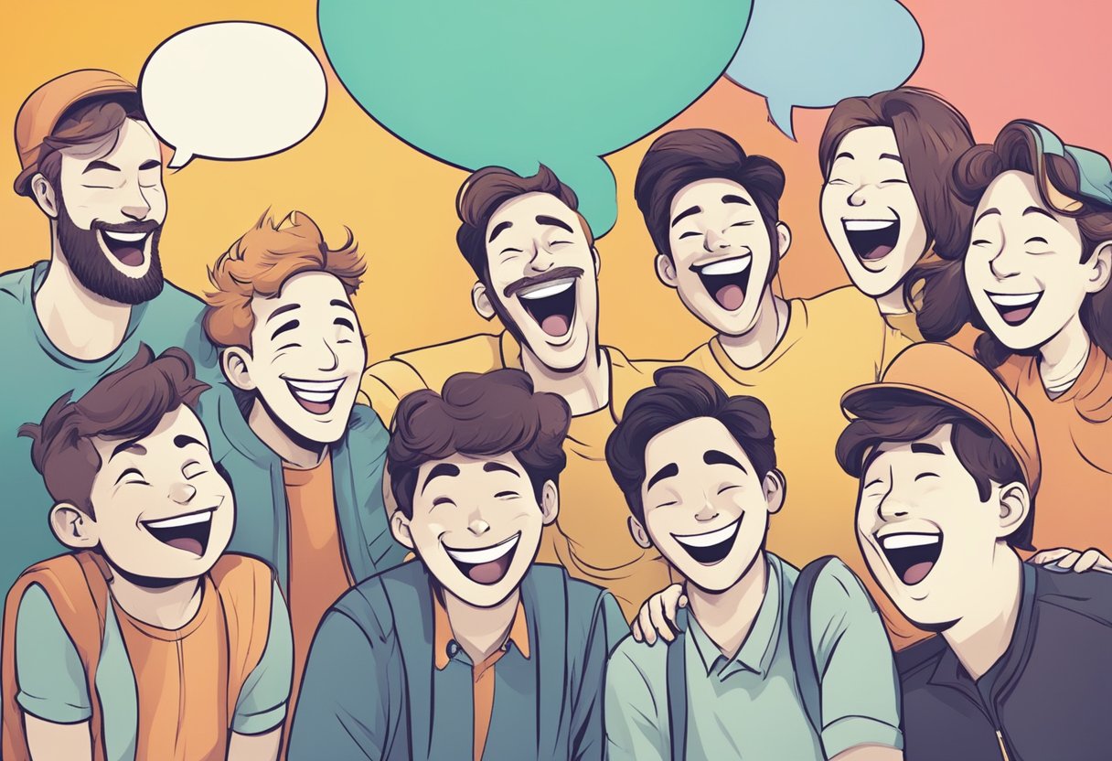 A group of animated characters laughing and joking together, with speech bubbles and comedic expressions