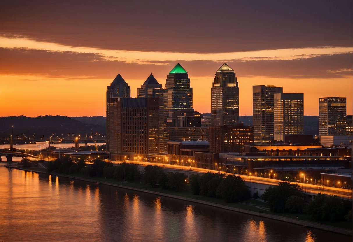 The sun sets behind the Louisville skyline, casting a warm orange glow over the Ohio River. The city lights begin to twinkle as the evening descends, creating a picturesque view of the vibrant cityscape