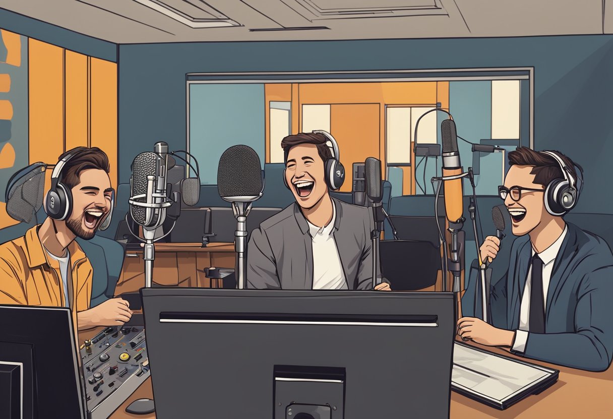 A group of podcast hosts laugh and joke in a recording studio, surrounded by microphones and sound equipment
