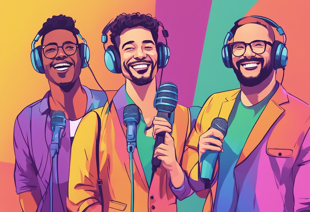 Three podcast hosts laugh and chat on a colorful set with microphones