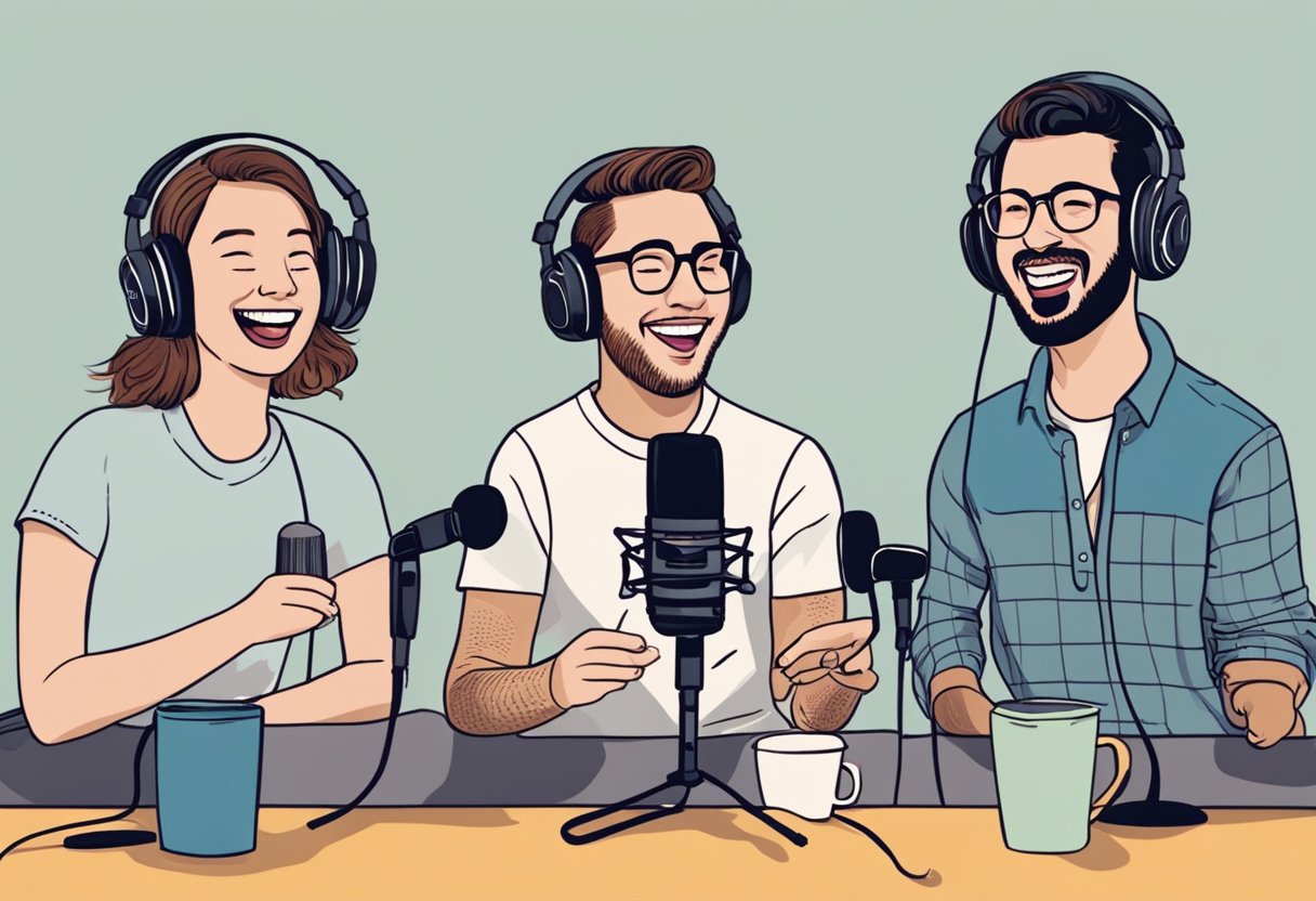 Three friends laugh heartily while recording their podcast, "Notable Episodes smartless funniest episodes," in a cozy studio filled with microphones and recording equipment