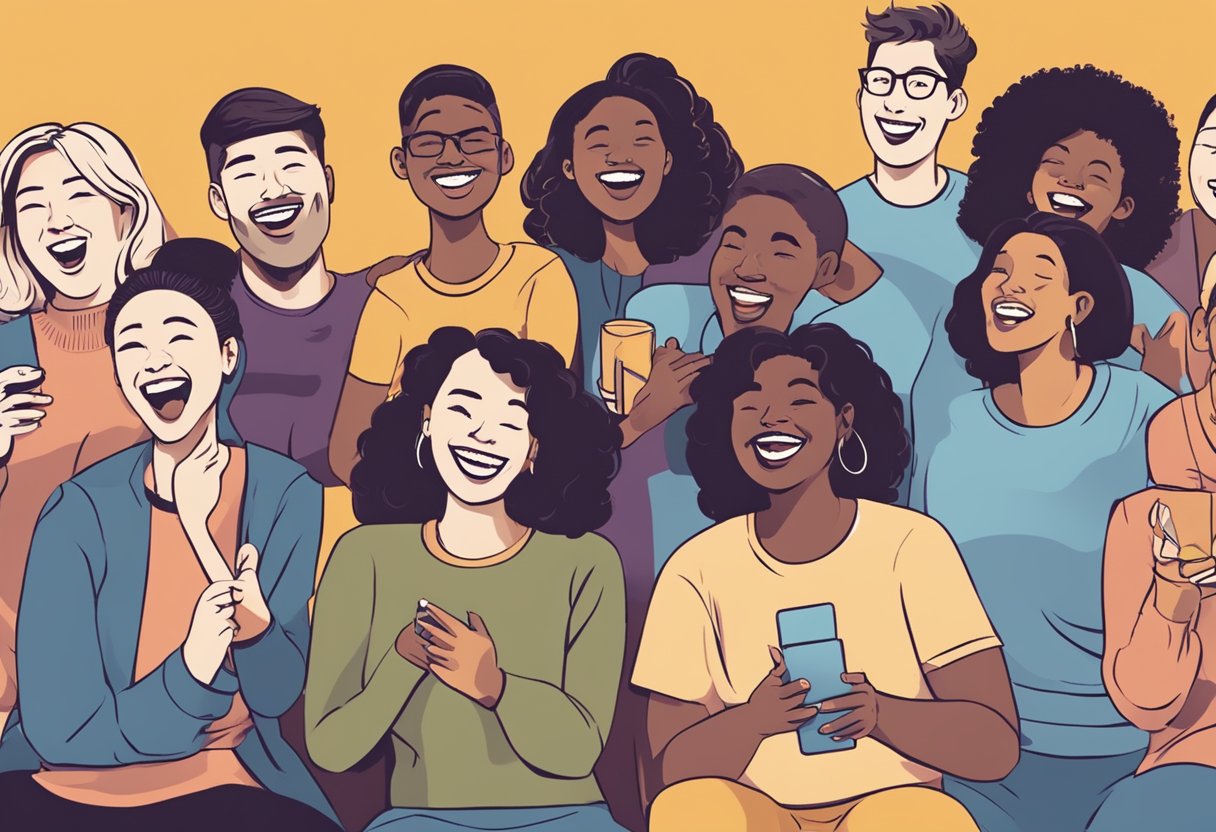 A group of diverse people laughing and engaging with each other while listening to the smartless podcast, showing the cultural impact and positive reception of the funniest episodes