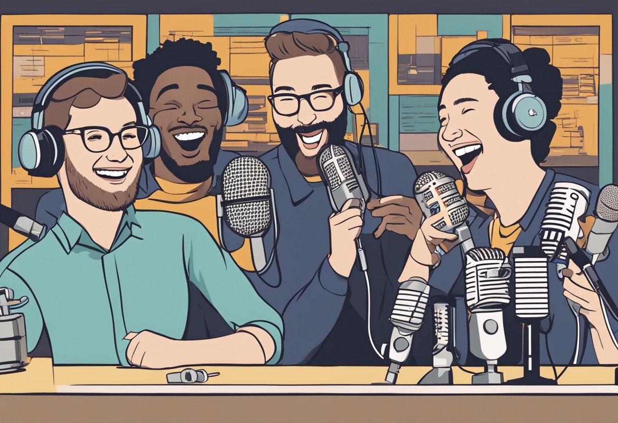 Three podcast hosts laughing together, surrounded by microphones and recording equipment, with a banner displaying "Smartless" and a list of their funniest episodes
