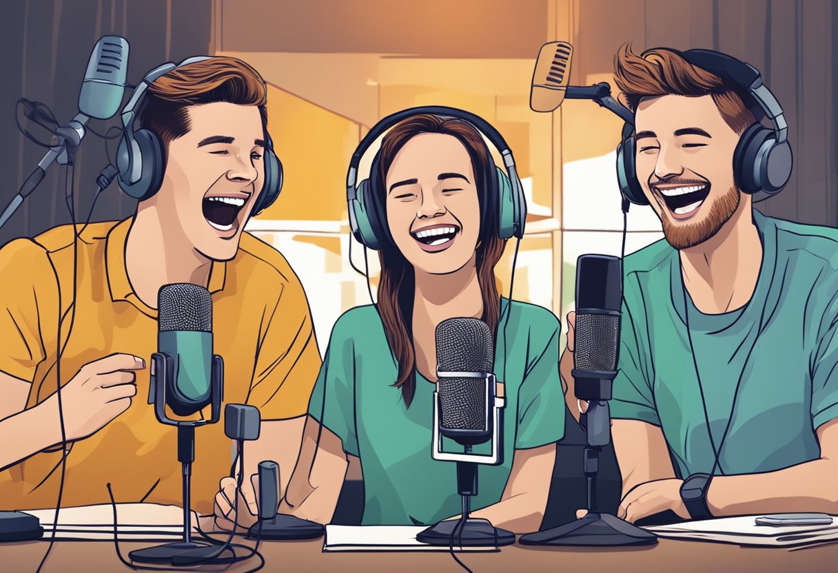 Three hosts laugh while recording a podcast, surrounded by microphones and recording equipment. The room is filled with energy and excitement