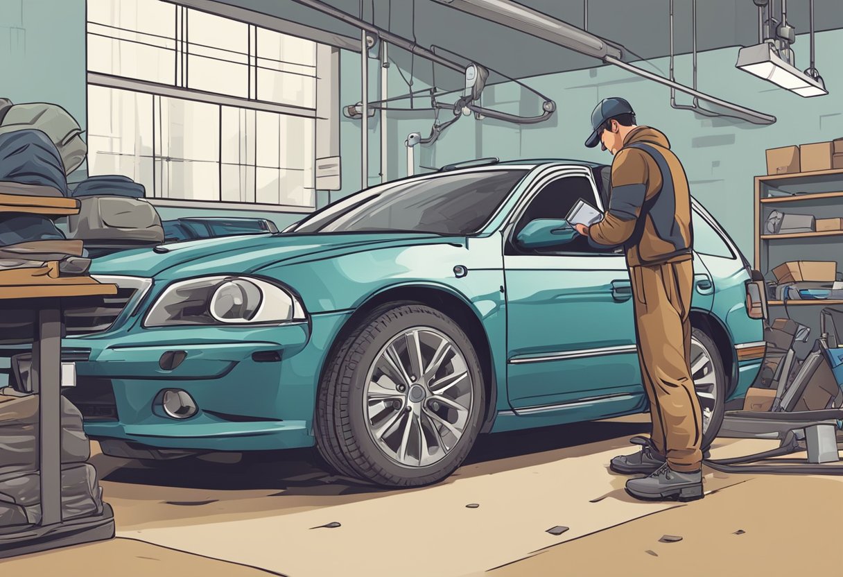  Does Car Insurance Cover Repairs : A car with a damaged bumper sits in a repair shop. A mechanic examines the damage while holding a car insurance policy in hand