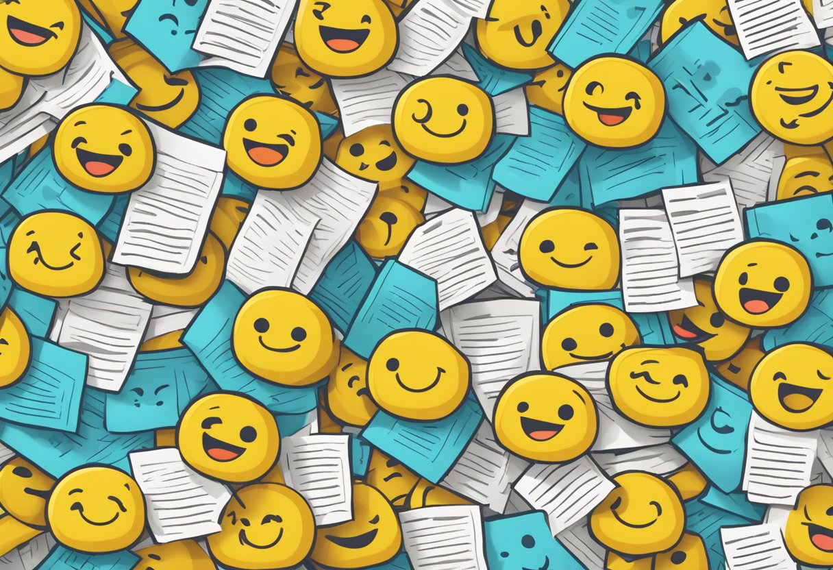 A stack of FAQ papers with "smartless funniest episodes" written on top, surrounded by smiling emojis