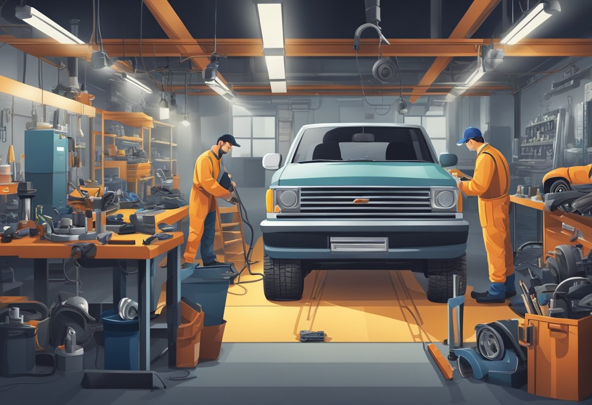  Does Car Insurance Cover Repairs : A car being repaired at a mechanic shop, with a mechanic working on the vehicle and various tools and equipment around