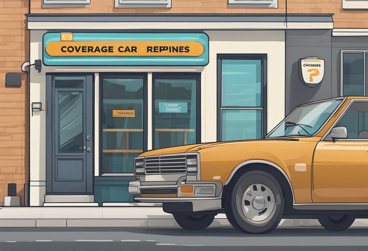  Does Car Insurance Cover Repairs : A car with a dent is parked in front of an auto repair shop, with a sign displaying "Coverage for Car Repairs" and the question "does car insurance cover repairs?" prominently displayed