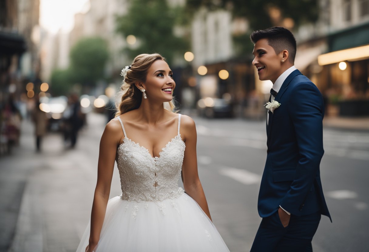 The bride calls off the wedding, then changes her mind, chasing the groom down the street