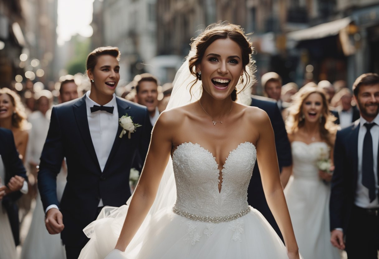 Bride dashing after groom on city street, wedding dress flowing, guests in shock, chaos ensues