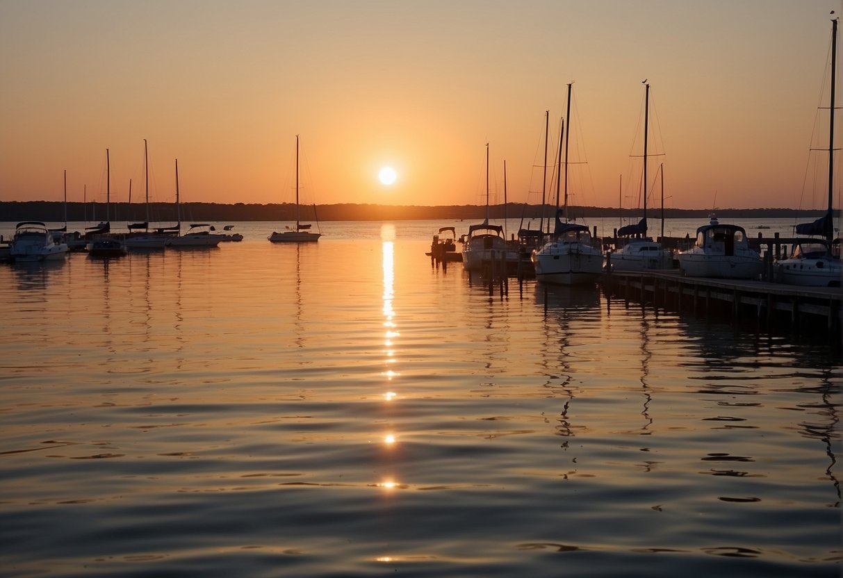 The sun sets over calm waters, casting a warm glow on the Chesapeake Bay. Seagulls glide gracefully in the distance as sailboats dot the horizon