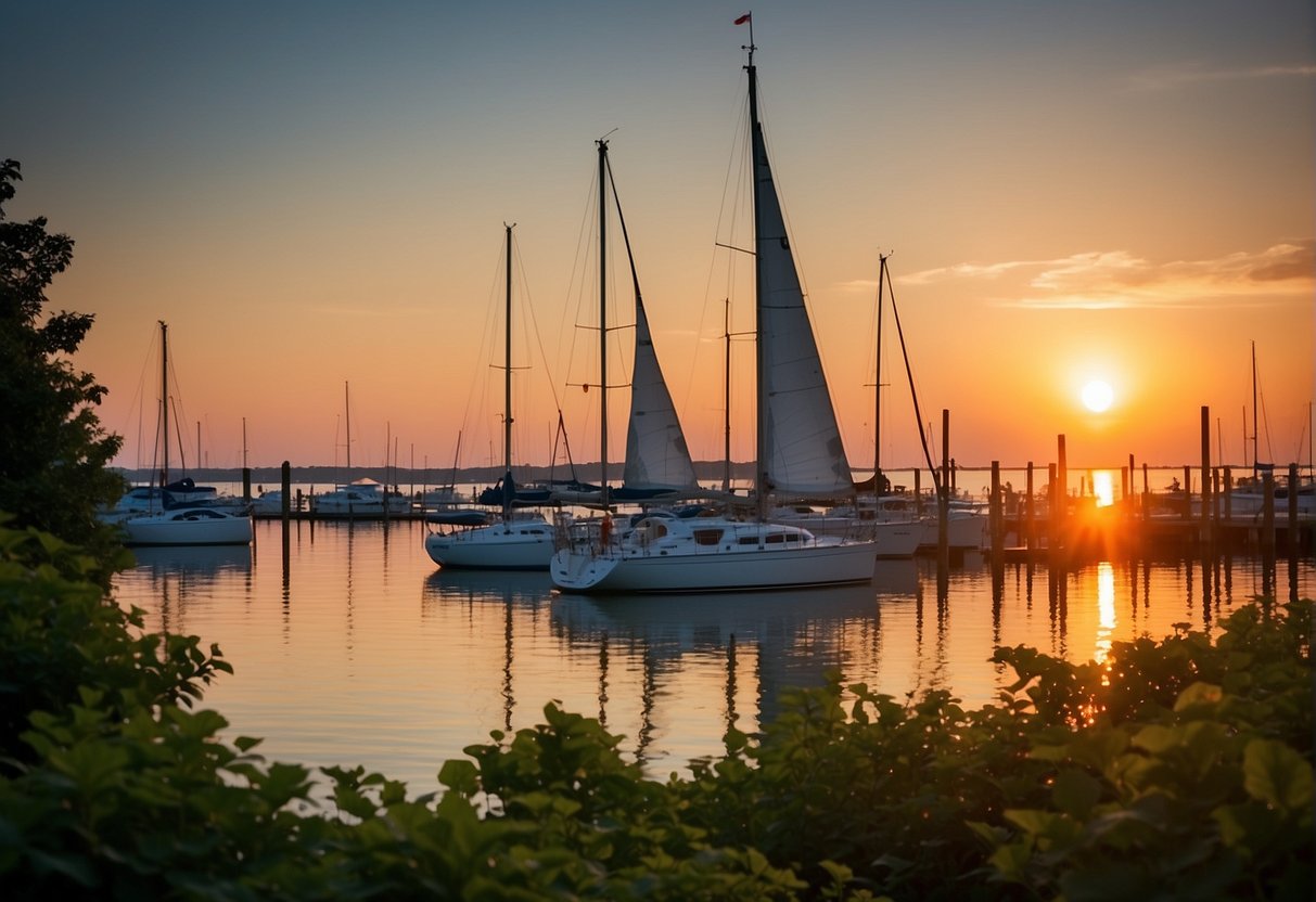 The sun sets over the calm waters of Chesapeake Bay, casting a warm glow on the lush green shores and the colorful sailboats dotting the horizon
