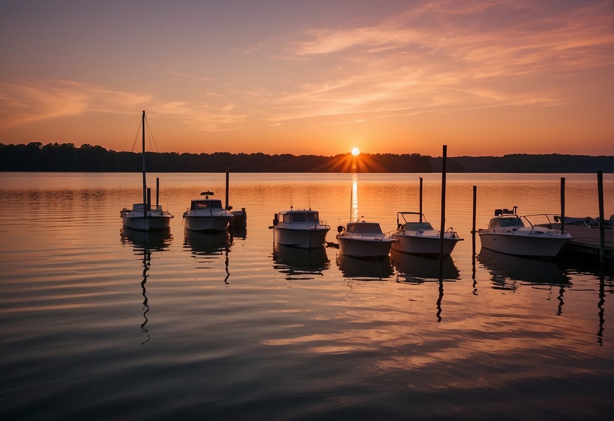 The sun sets over the calm waters of Chesapeake Bay, casting a warm glow on the surrounding landscape. The sky is painted with hues of pink and orange, creating a serene and picturesque scene