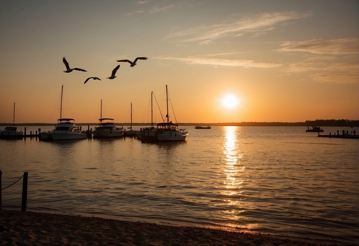 The sun sets over calm waters, casting a warm glow on the Chesapeake Bay. Seagulls fly overhead as boats dot the horizon