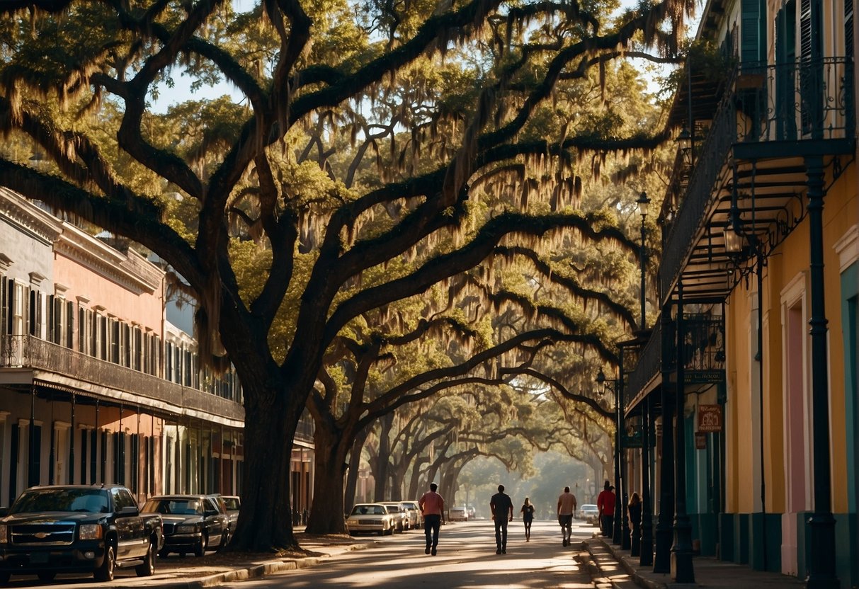 Sun shines over colorful buildings, as people stroll through the French Quarter. Trees sway in the warm breeze, while a clear blue sky sets the perfect backdrop for a visit to New Orleans