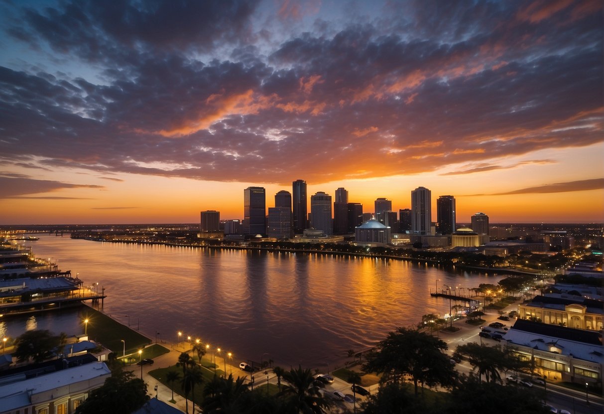 A vibrant sunset over the New Orleans skyline, with scattered clouds and a warm breeze, capturing the perfect weather for a visit