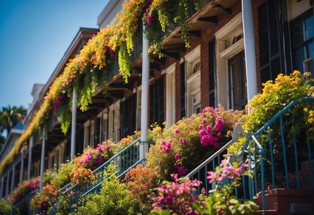 A sunny day in New Orleans with clear blue skies, lush greenery, and colorful flowers in full bloom, creating a vibrant and inviting atmosphere for visitors to enjoy