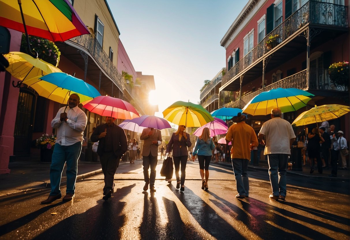 The sun shines over a bustling New Orleans street, with people walking under colorful umbrellas as the weather changes