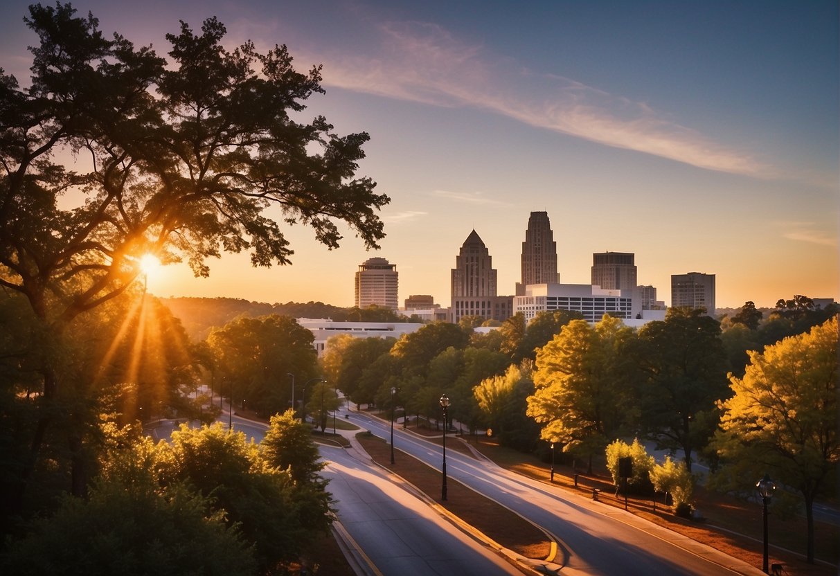 Sunset over downtown Raleigh, with colorful buildings and a bustling street below. Trees in full bloom, and a clear sky with a warm, golden glow