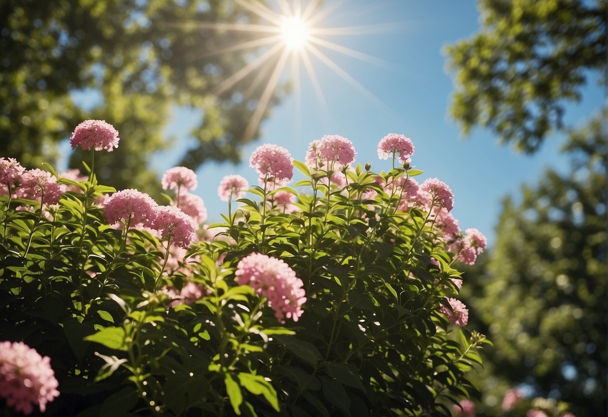 Lush green trees and colorful flowers bloom under a bright sun in Raleigh, with clear blue skies and gentle breezes
