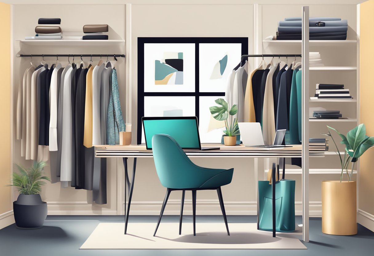 A stylish wardrobe and a sleek desk with fashion magazines and a laptop, symbolizing the intersection of fashion and business in personal styling