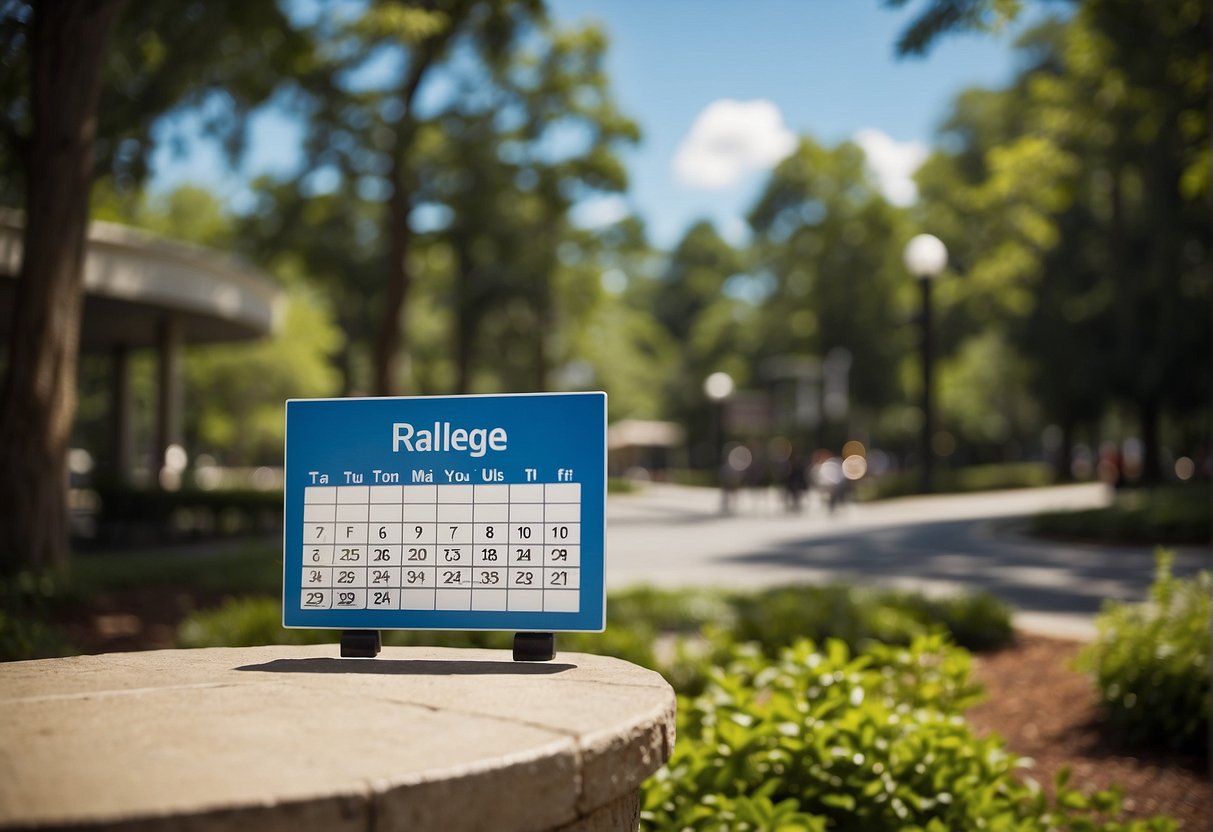 A sunny day in Raleigh, with clear blue skies and lush greenery. A calendar showing peak tourist season. A helpful information desk with a "Frequently Asked Questions" sign