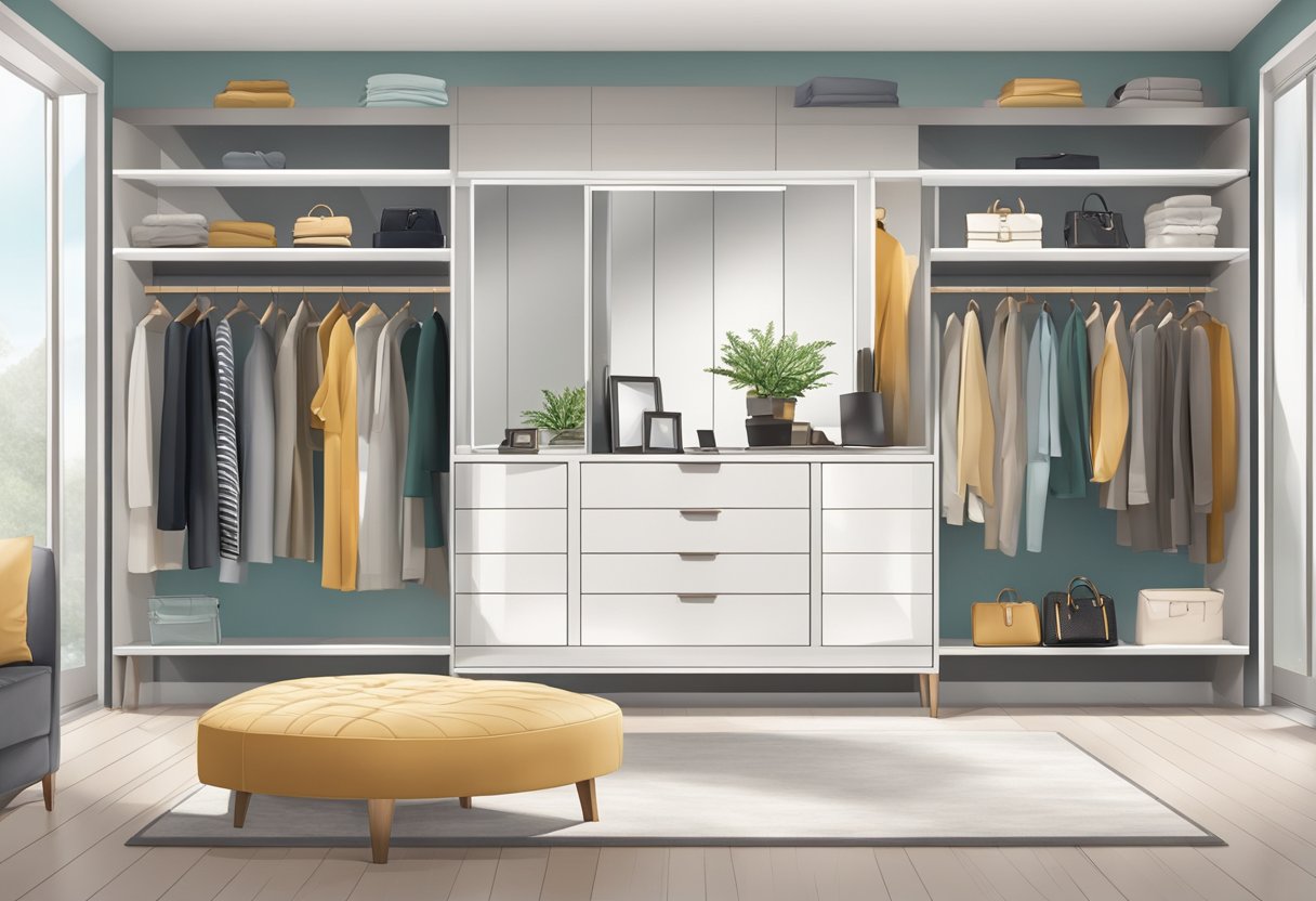 A stylish wardrobe with accessories arranged on a clean, organized surface. A mirror reflects the space, inviting someone to start their personal styling journey