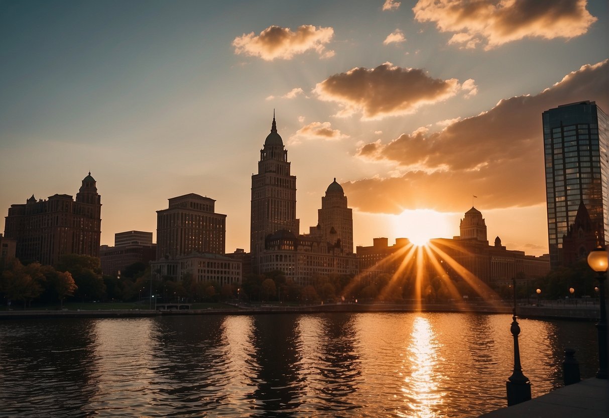 The sun sets behind the Buffalo skyline, casting a warm glow over the city's historic architecture and bustling waterfront