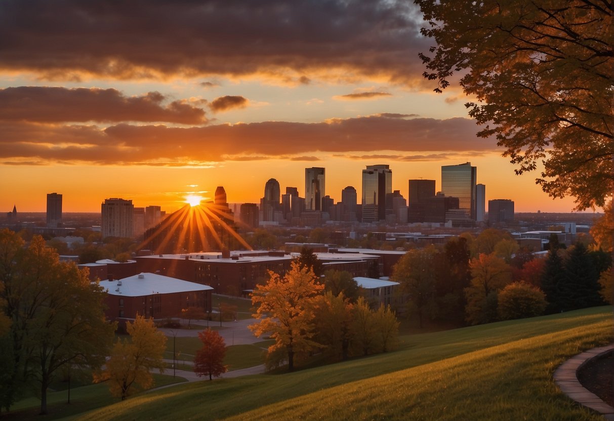 The sun sets behind the Buffalo skyline, casting a warm glow over the city. A cozy bed and breakfast welcomes visitors, surrounded by colorful autumn foliage