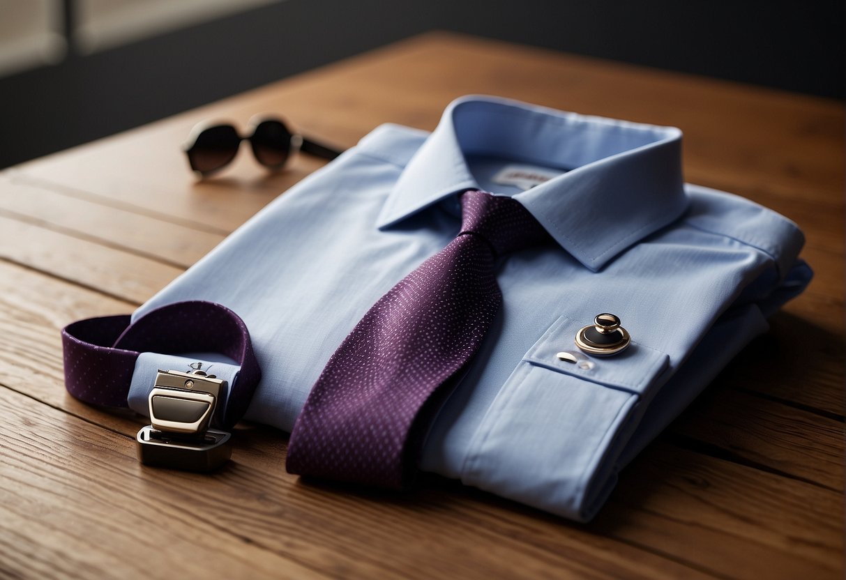 A neatly folded cutaway collar shirt lies on a polished wooden surface, accompanied by a pair of cufflinks and a tie, suggesting a formal occasion