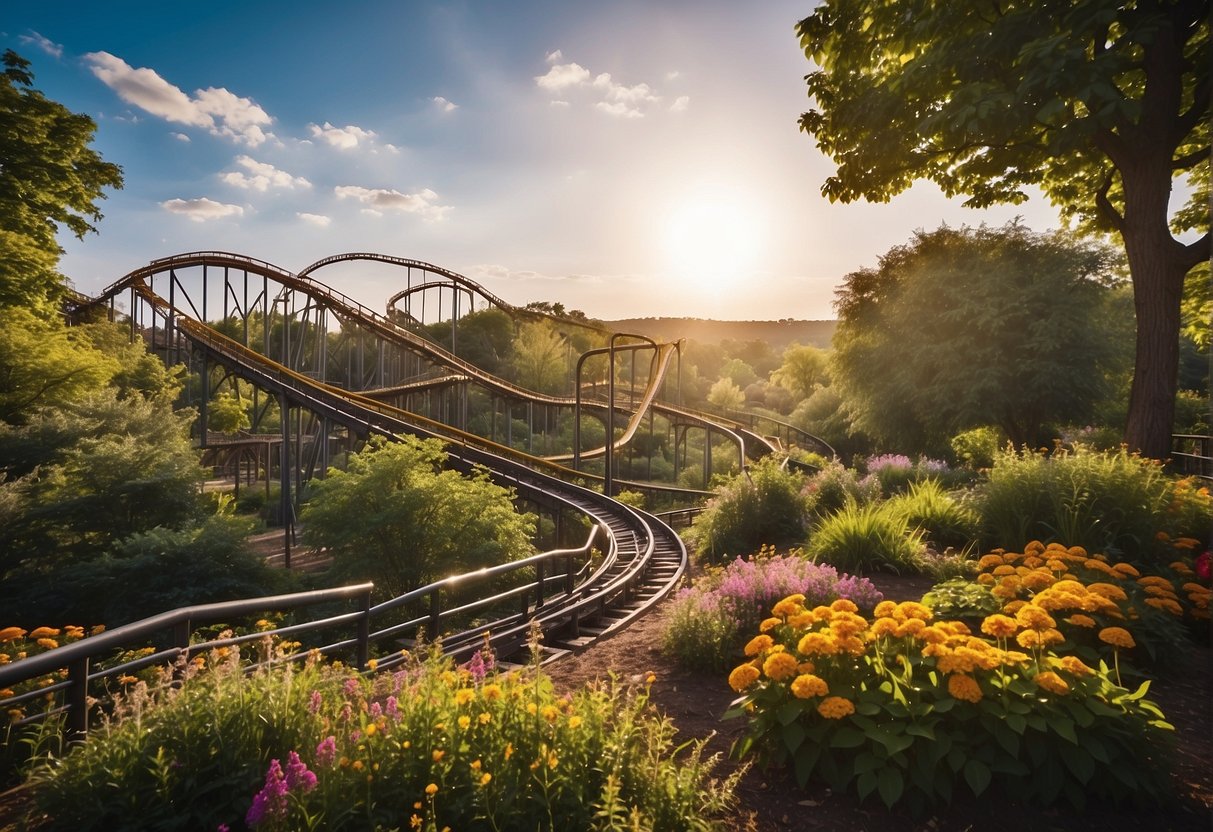 Lush greenery and colorful flowers fill the landscape, with roller coasters soaring in the background. The sun is shining, casting a warm glow over the vibrant park