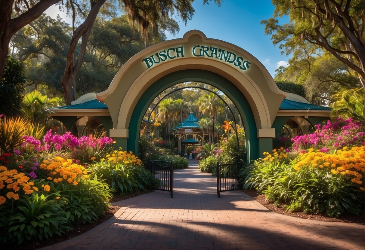 Lush greenery surrounds the entrance to Busch Gardens Tampa. The sun shines brightly, illuminating the vibrant colors of the flowers and foliage. A sense of excitement fills the air as visitors plan their day at the popular theme park