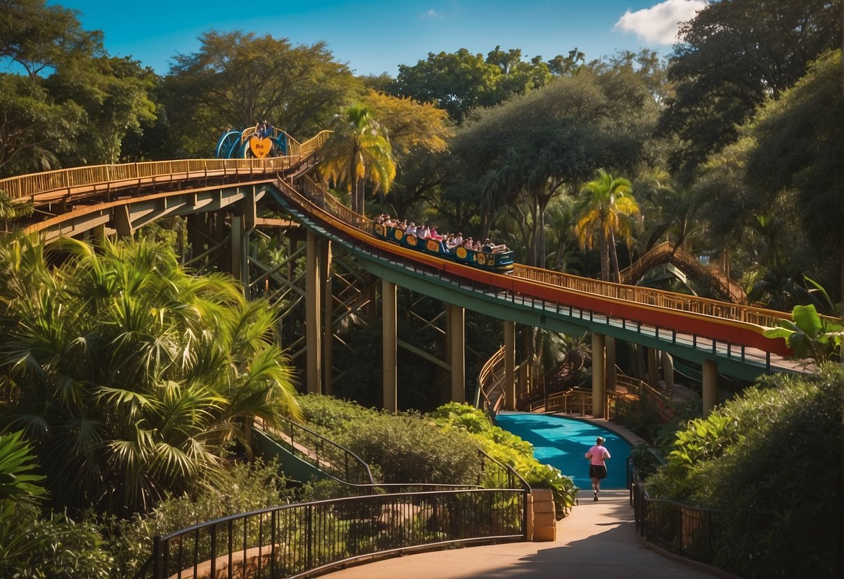 Visitors enjoying Busch Gardens Tampa during the best time to visit. Lush greenery, colorful flora, and exciting rides fill the scene