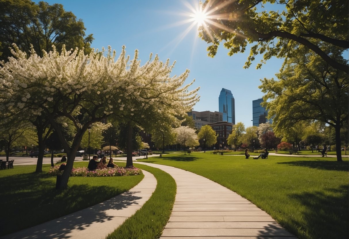 Sunny day in Omaha, with blooming flowers and green trees. People enjoying outdoor activities, clear blue sky