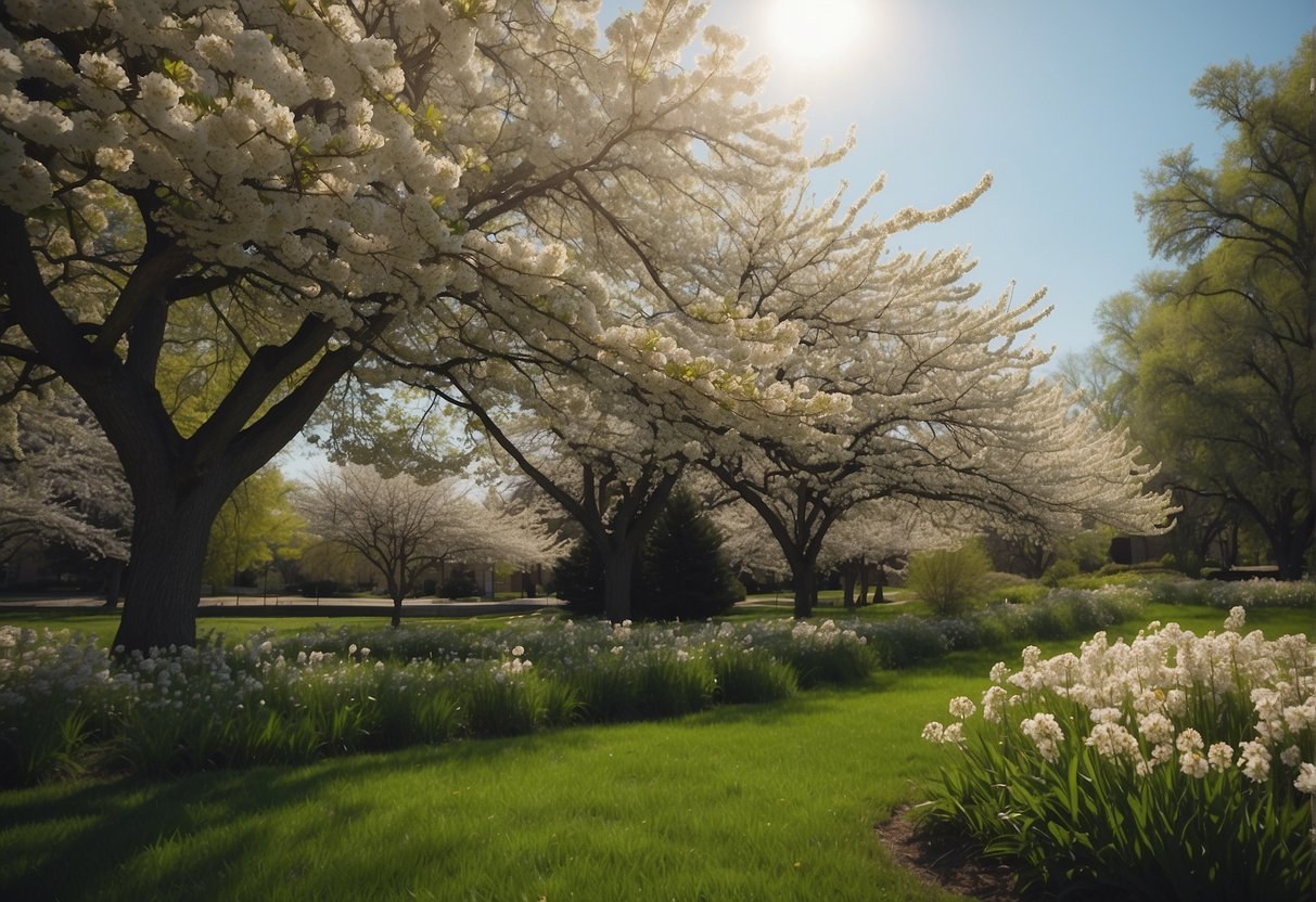 A sunny day in spring with blooming flowers and green trees, showcasing the beauty of Omaha, Nebraska