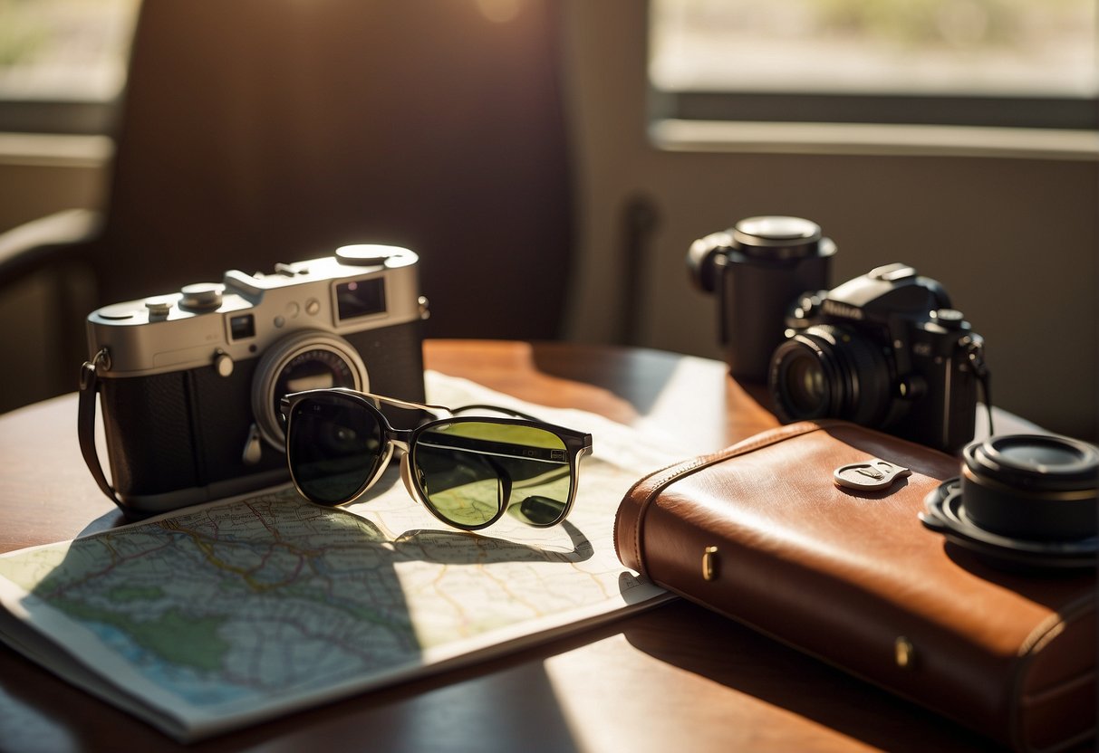 A suitcase, camera, map, and sunglasses lay on a table, ready for a trip to Omaha. The sun shines through a window, casting a warm glow on the items