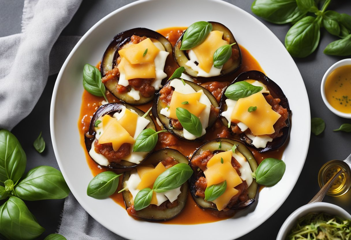 Golden-brown eggplant slices layered with marinara sauce and melted cheese, resting on a bed of fresh basil leaves and drizzled with olive oil