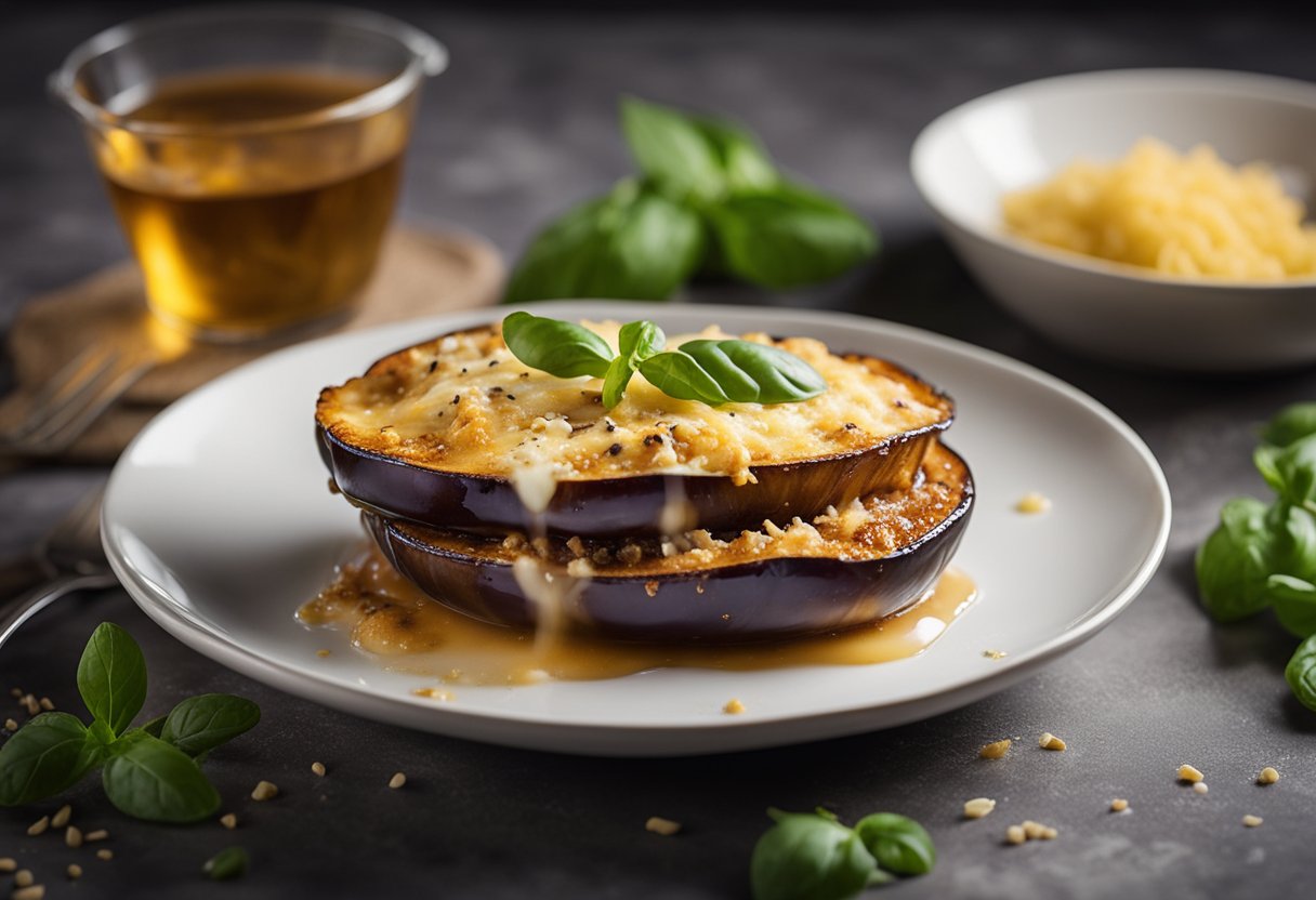 A golden-brown baked eggplant parmesan sits on a white dish, steam rising from its crispy surface