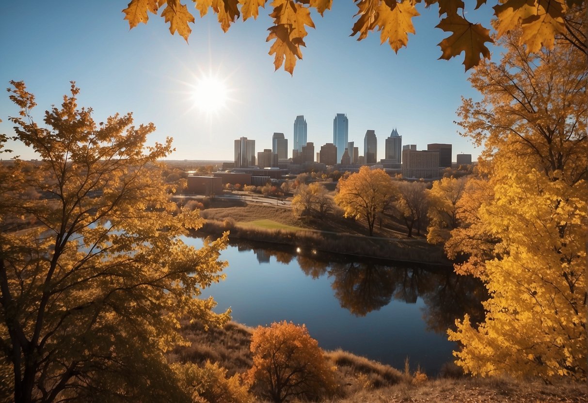 Bright sun shines over Omaha's skyline, with colorful autumn leaves and a clear blue sky. A gentle breeze blows through the air, creating a sense of tranquility