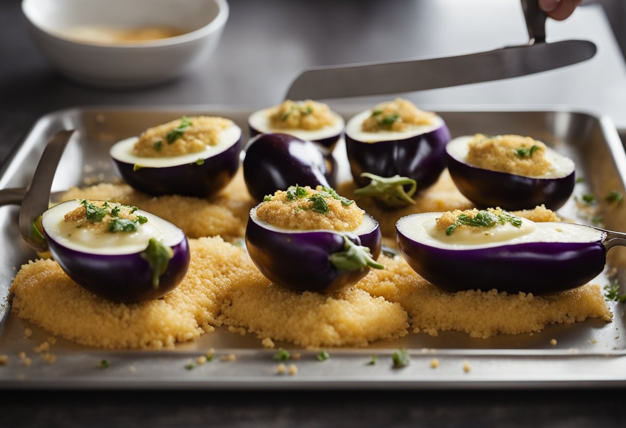 Fresh eggplants being sliced, dipped in egg wash, coated in breadcrumbs, and arranged on a baking sheet. Ingredients such as marinara sauce, mozzarella, and Parmesan cheese are being prepared alongside