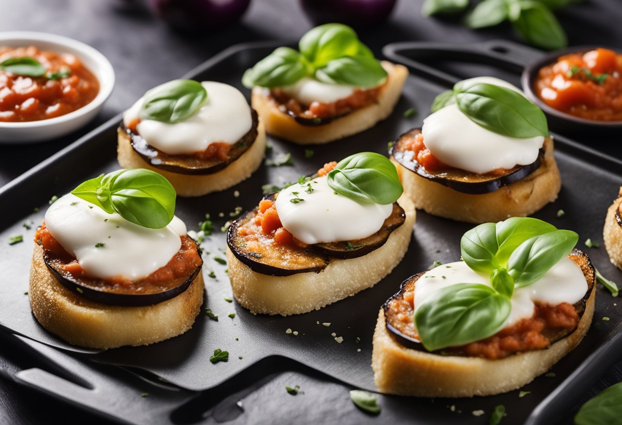 A golden-brown, crispy eggplant slice lays on a baking sheet, topped with marinara sauce and melted mozzarella, surrounded by fresh basil leaves