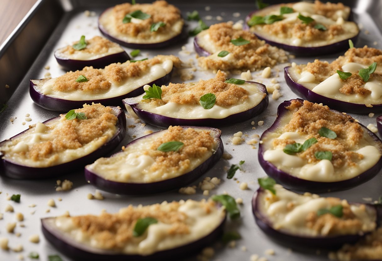 Eggplant slices being coated in a light, crispy breading, then arranged on a baking sheet. Ingredients for a healthy eggplant parmesan dish are neatly organized nearby