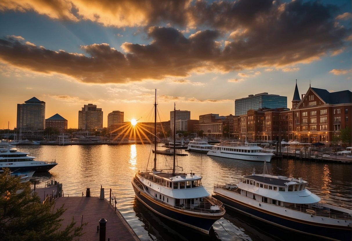 The sun sets over the Inner Harbor, casting a warm glow on the historic ships and waterfront promenade. The city skyline twinkles in the distance, creating a picturesque backdrop for visitors to enjoy