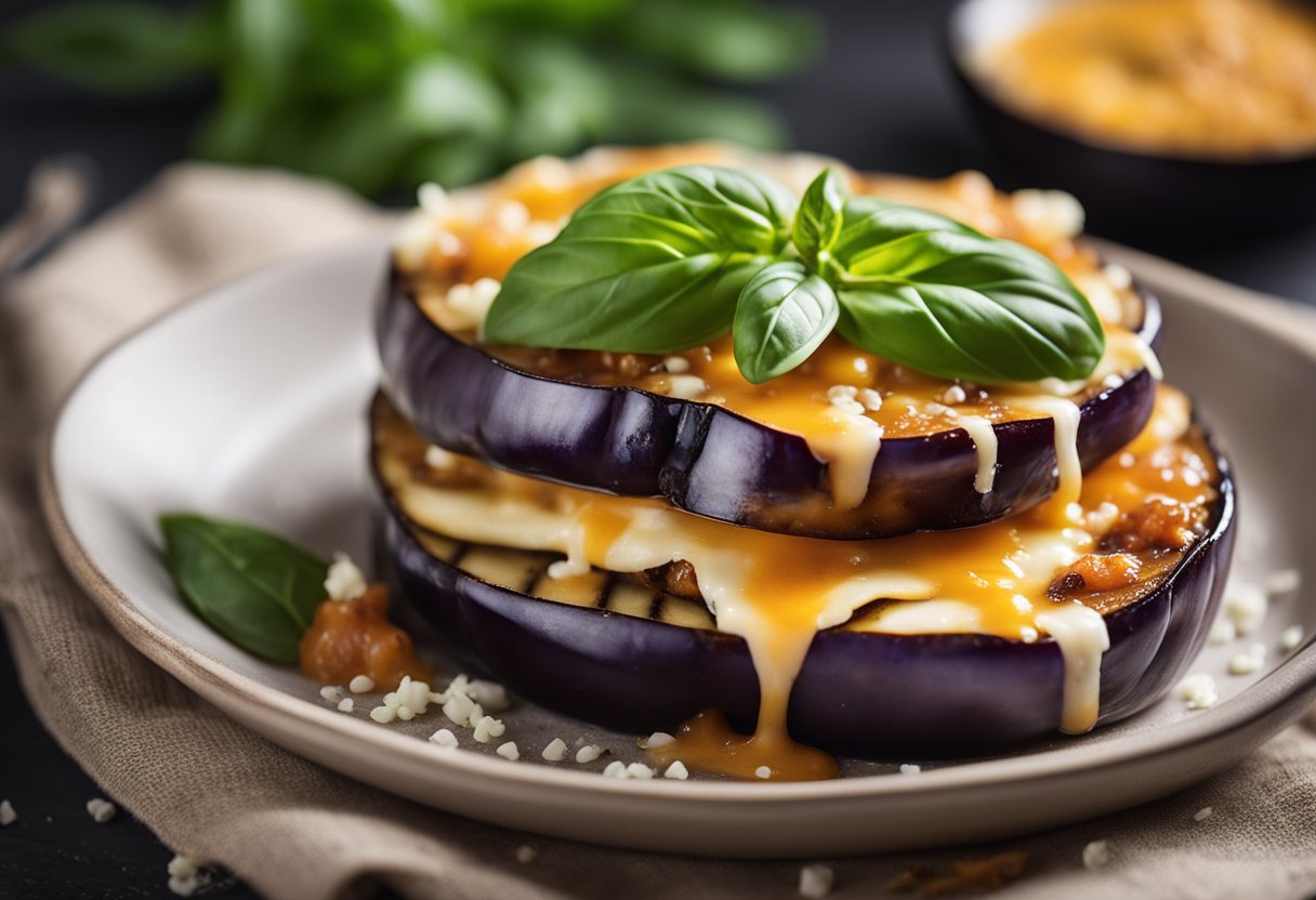Golden-brown eggplant slices layered with marinara and melted cheese, fresh basil on top. A sprinkle of parmesan and a drizzle of olive oil add the finishing touch