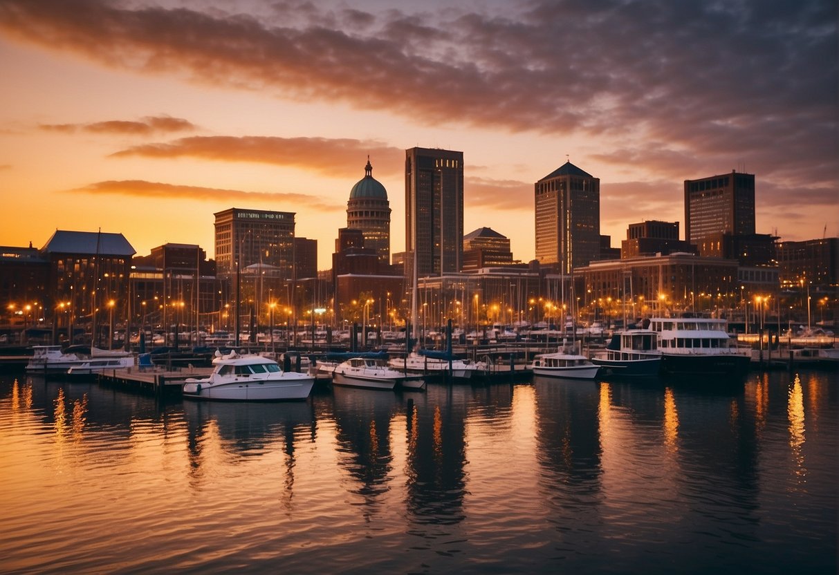 The sun sets over the Baltimore skyline, casting a warm glow on the city's iconic landmarks. The harbor bustles with activity as boats sail in and out, while visitors explore the lively waterfront
