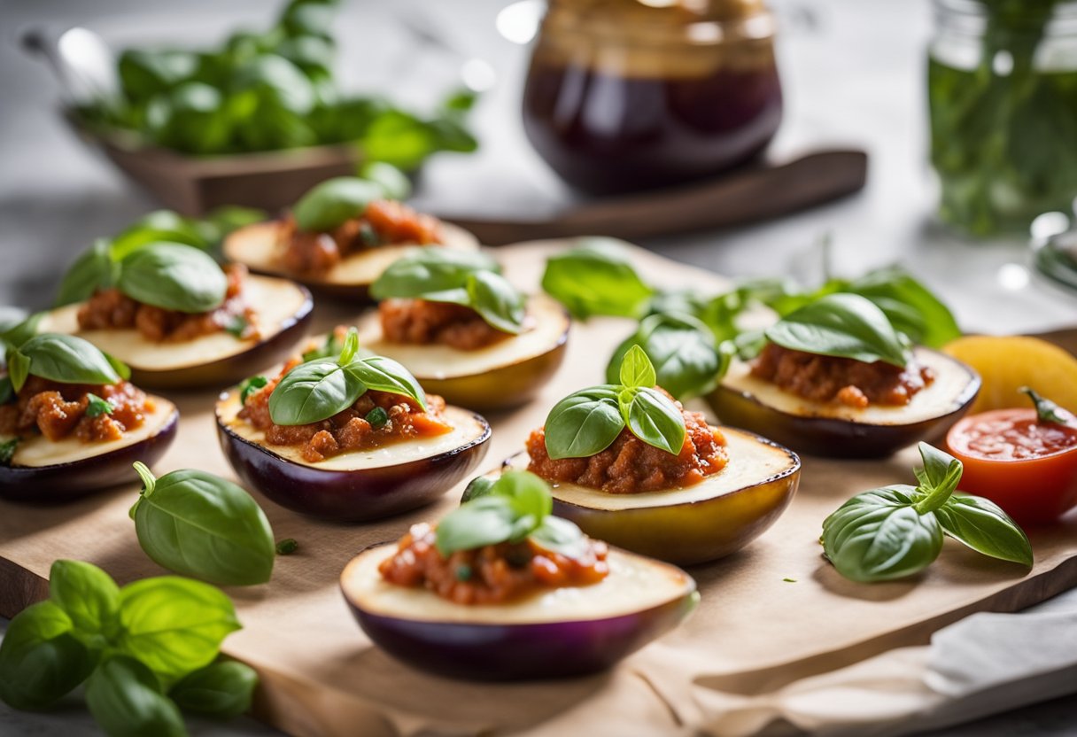 Golden-brown eggplant slices layered with marinara and mozzarella, topped with fresh basil. Baking sheet with parchment paper and a glass storage container nearby