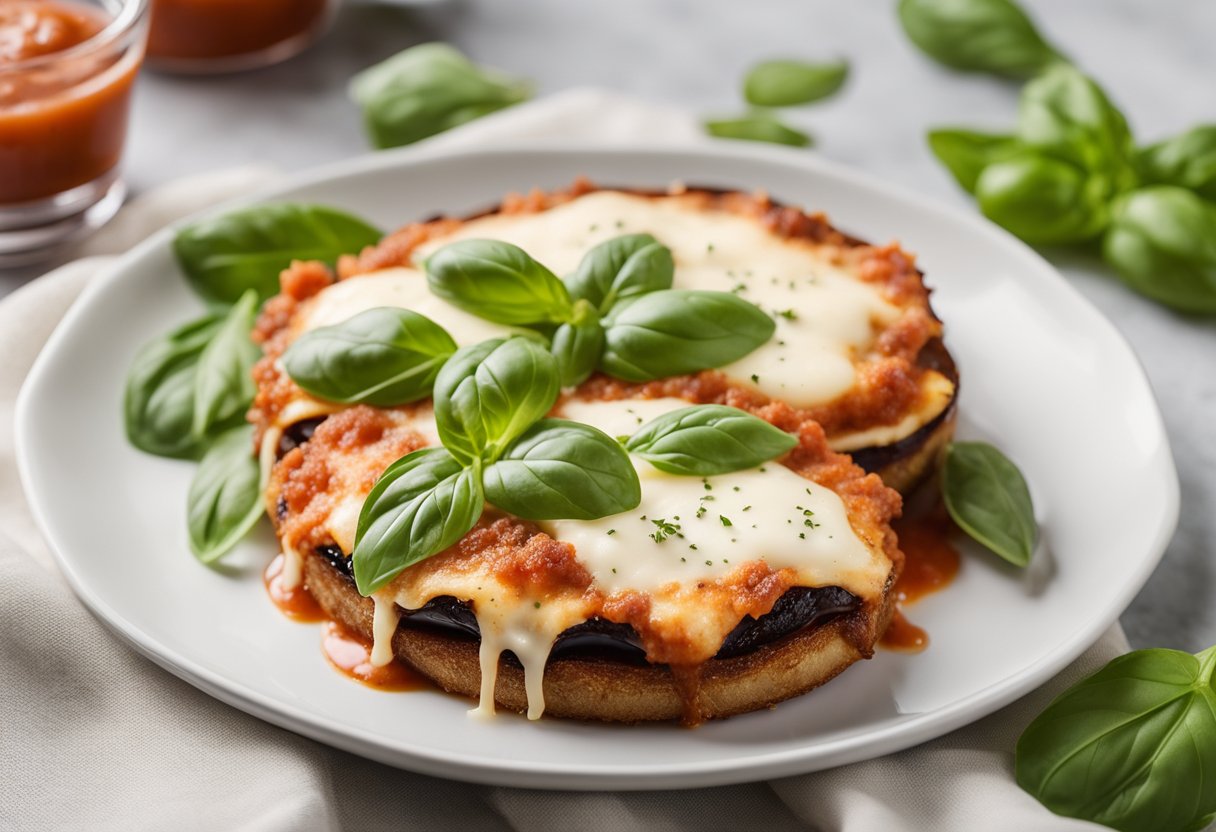 A golden-brown, crispy eggplant parmesan sits on a white plate, topped with marinara sauce and melted mozzarella cheese, surrounded by fresh basil leaves and a sprinkle of grated Parmesan