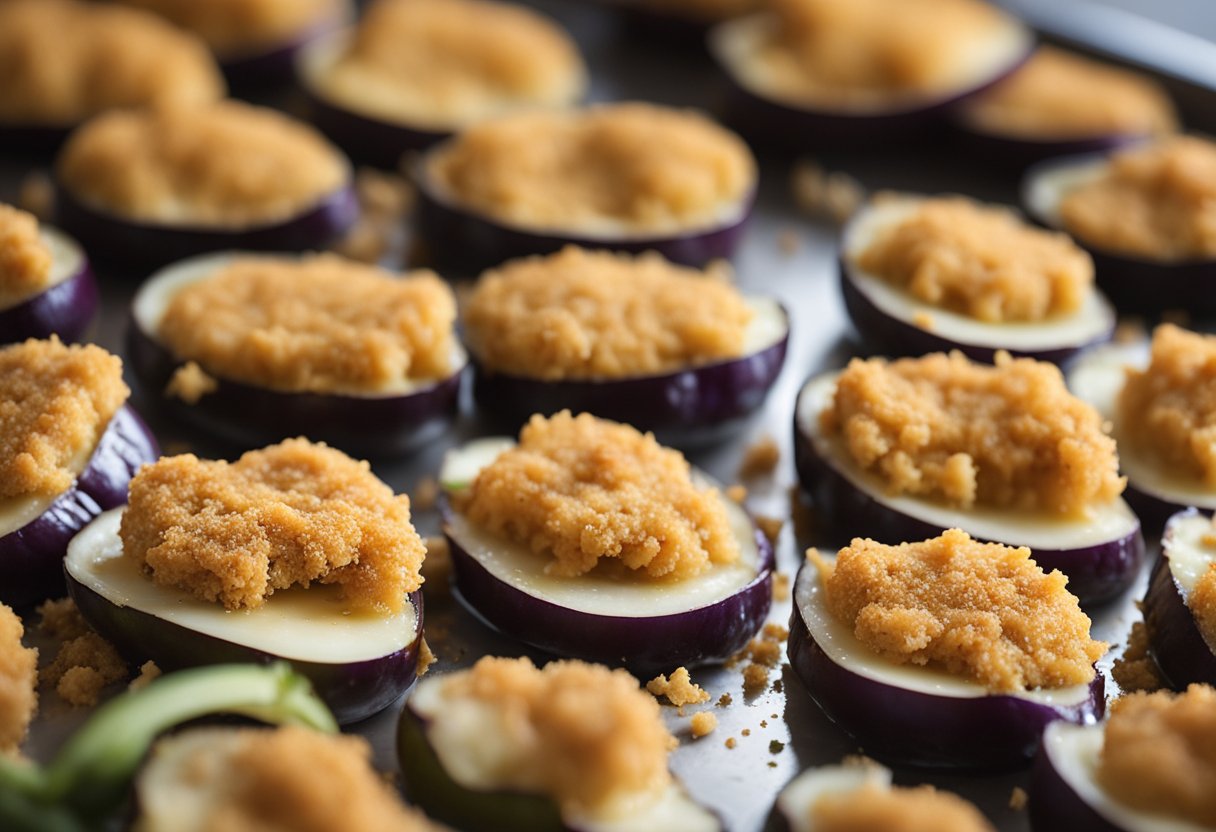 Eggplant slices coated in breadcrumbs, arranged on a baking sheet with marinara and cheese, then baked until golden and bubbly