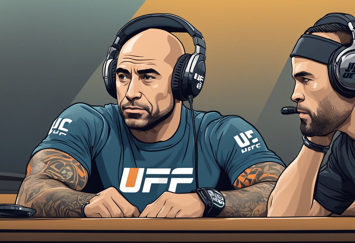 Joe Rogan interviews UFC fighters in a studio with microphones and headphones. UFC logo displayed in the background