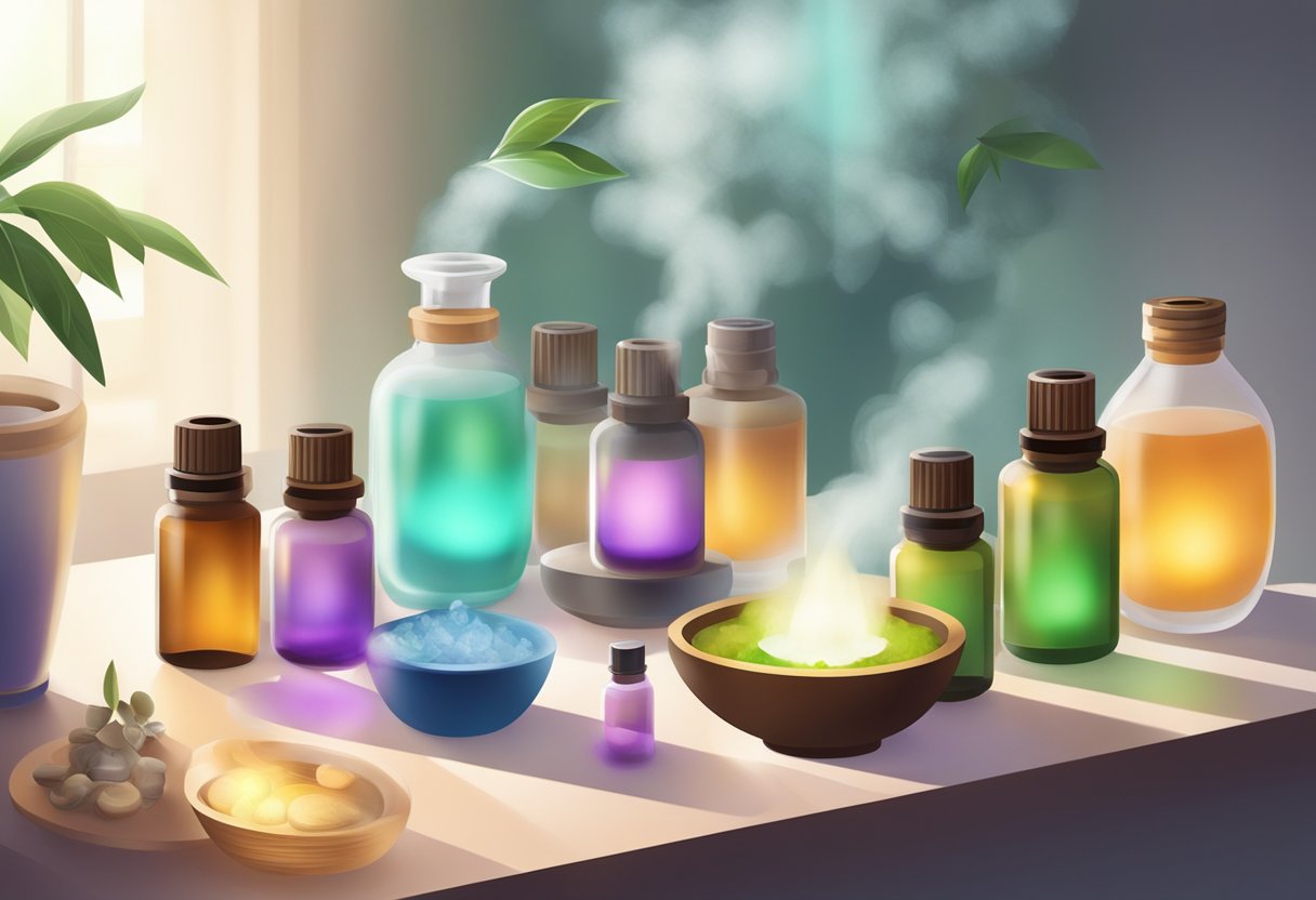Aromatherapy with essential oils: diffuser emitting mist, bottles of various oils, and a serene atmosphere